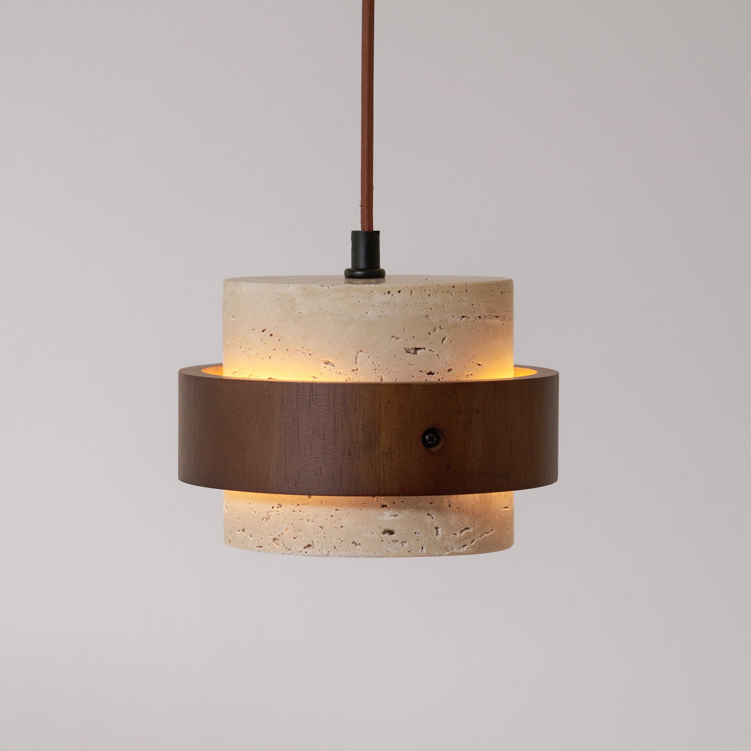 Travertine Pendant Light Fixture – Modern Stone & Walnut Wood Ceiling Light