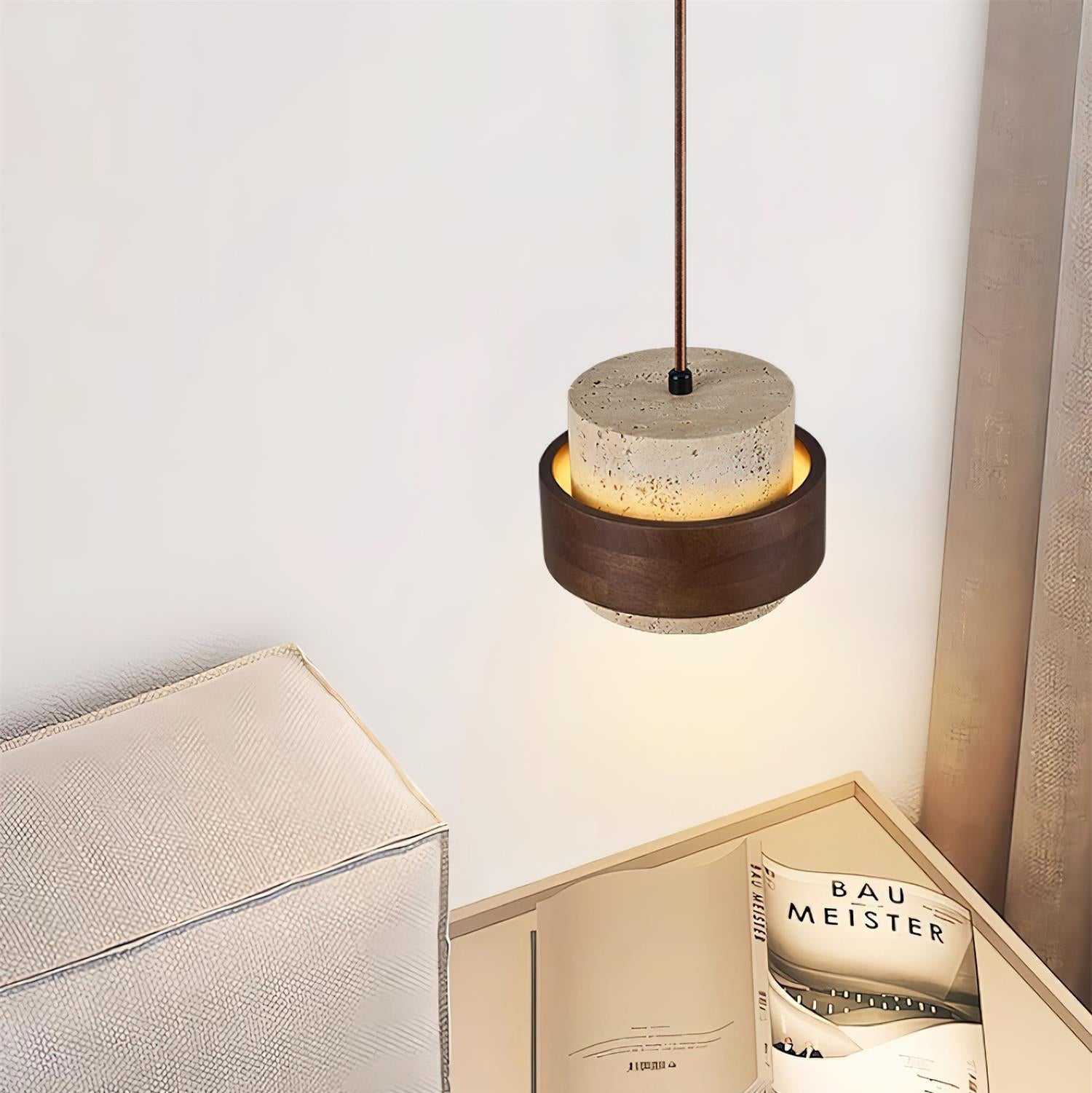 Travertine Pendant Light Fixture – Modern Stone & Walnut Wood Ceiling Light