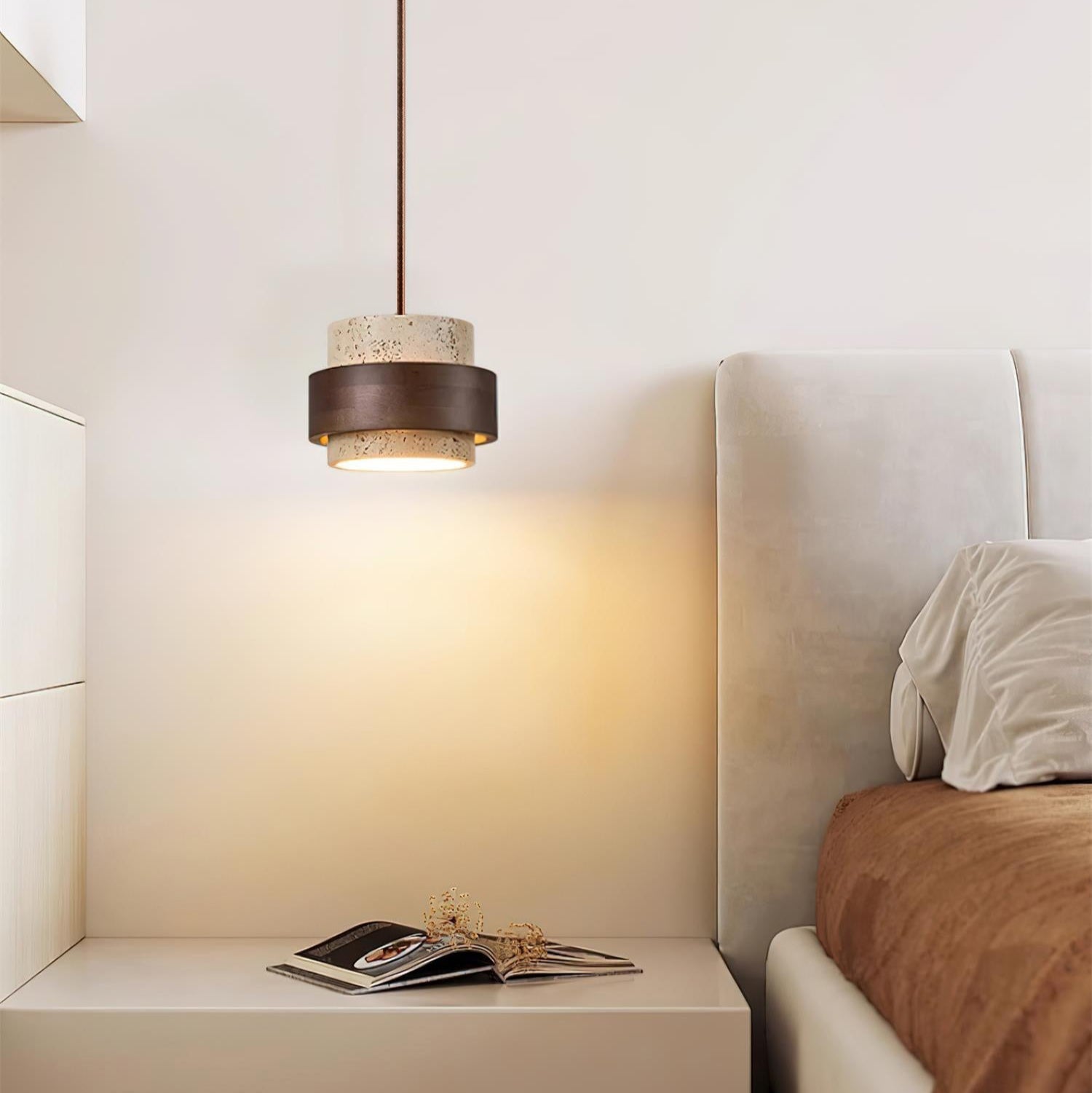 Travertine Pendant Light Fixture – Modern Stone & Walnut Wood Ceiling Light