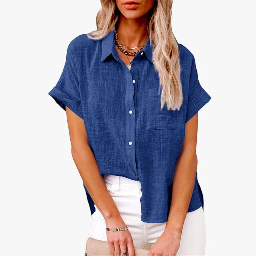 Collared Short-Sleeve Linen Summer Blouse