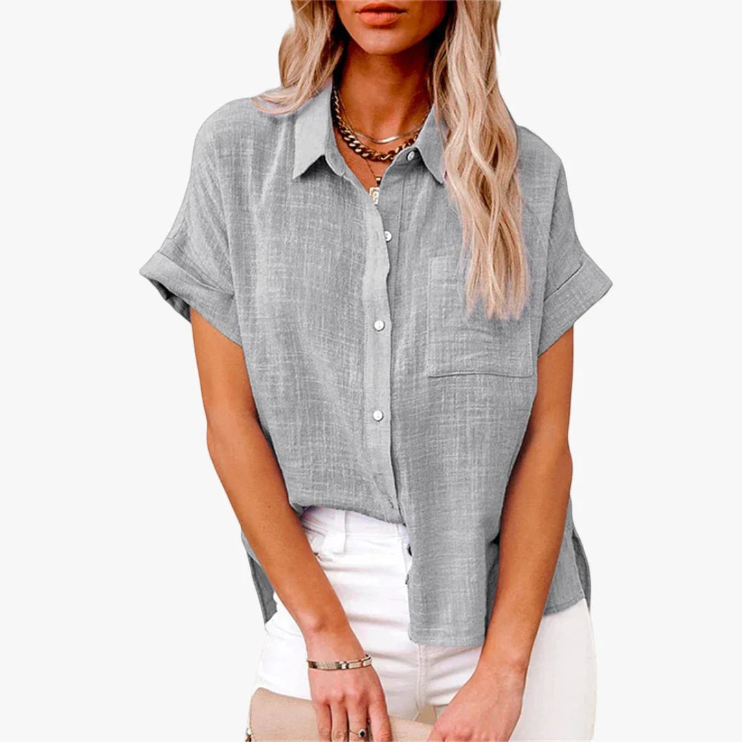 Collared Short-Sleeve Linen Summer Blouse