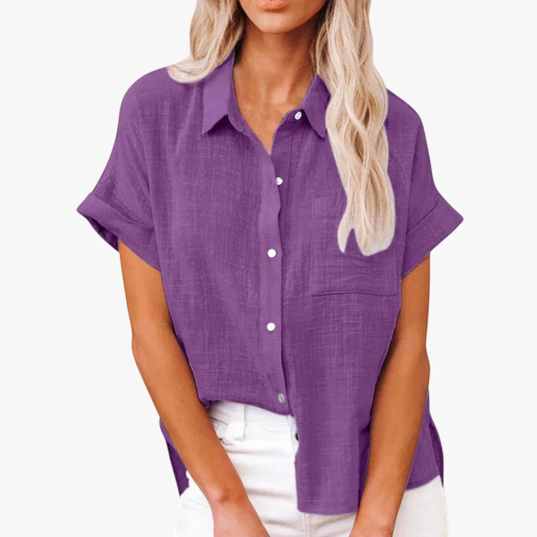 Collared Short-Sleeve Linen Summer Blouse