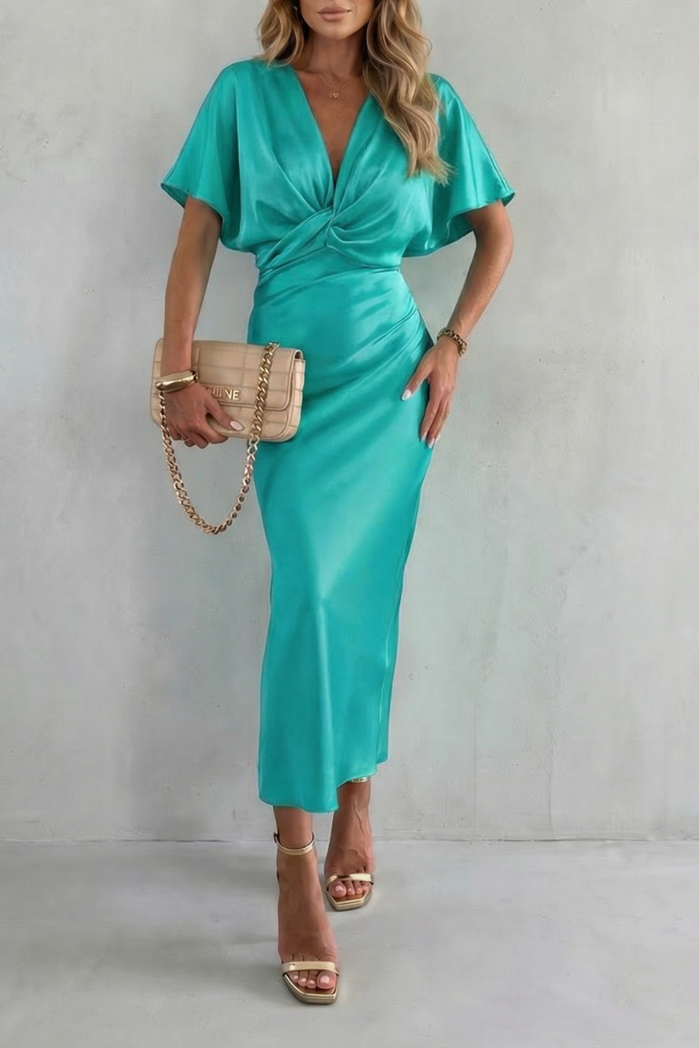 Cowl-Neck Satin Slip Midi Wedding Guest Dress