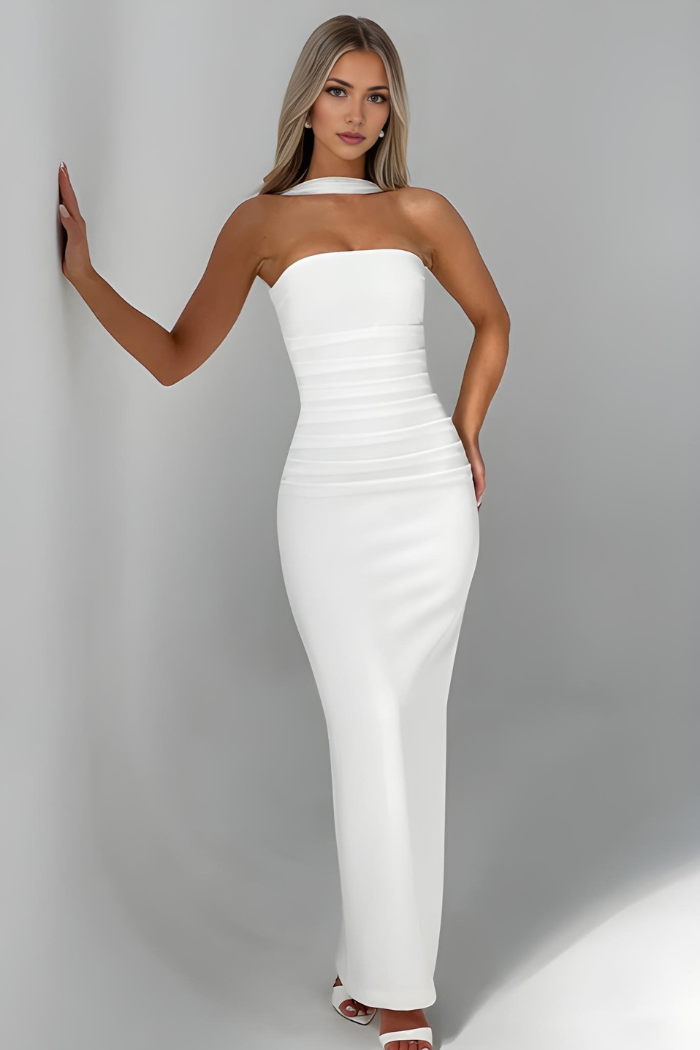 Strapless Corset Cape-Sleeve Maxi Wedding Guest Dress