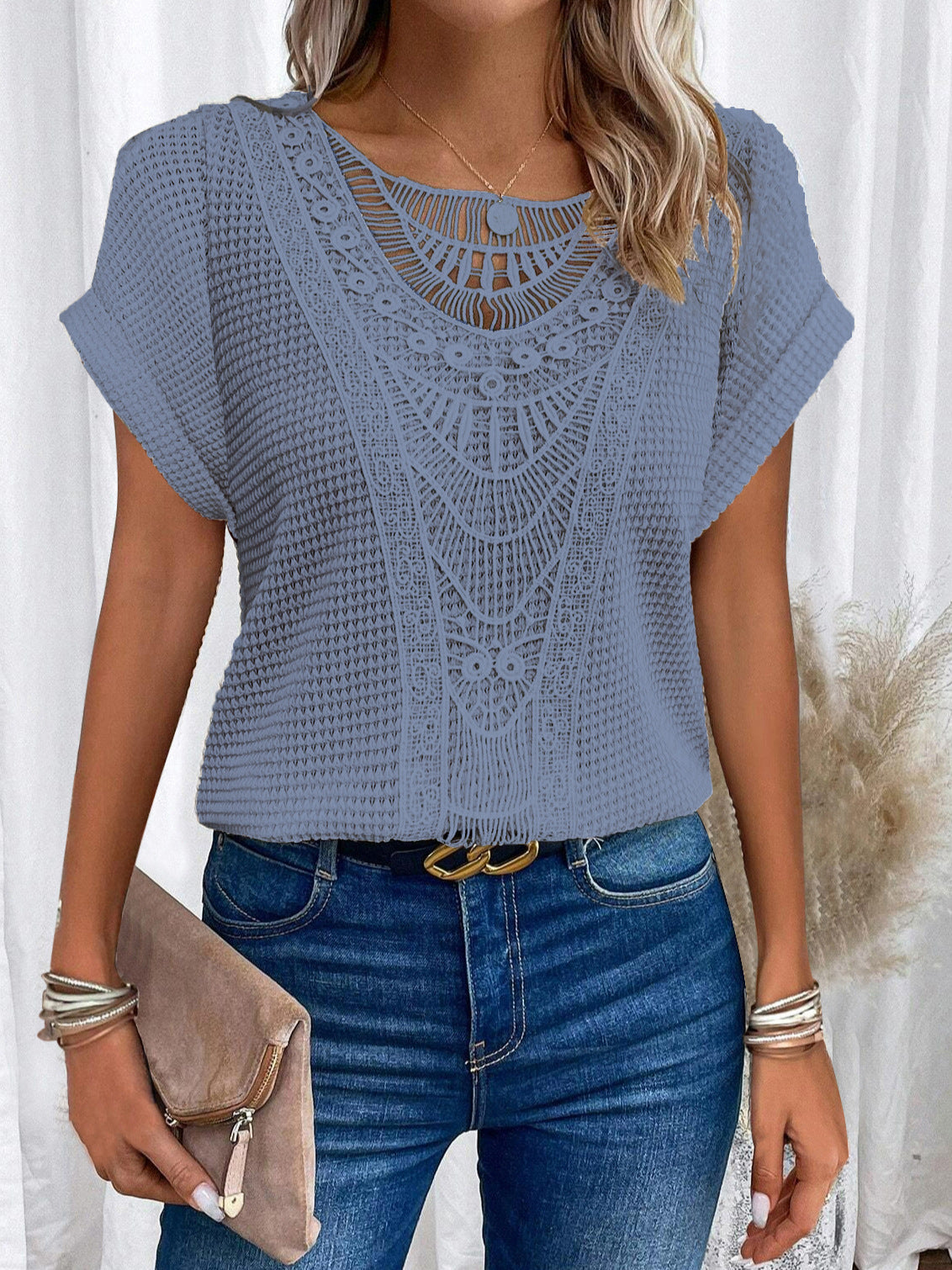 Crochet Round-Neck Short-Sleeve Blouse