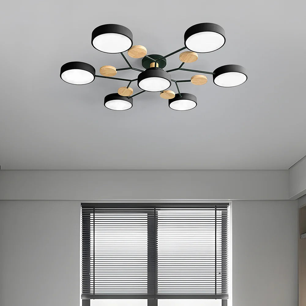 Modern LED Semi-Flush Mount Ceiling Light Fixture – Round Ceiling Light with Wood Accents