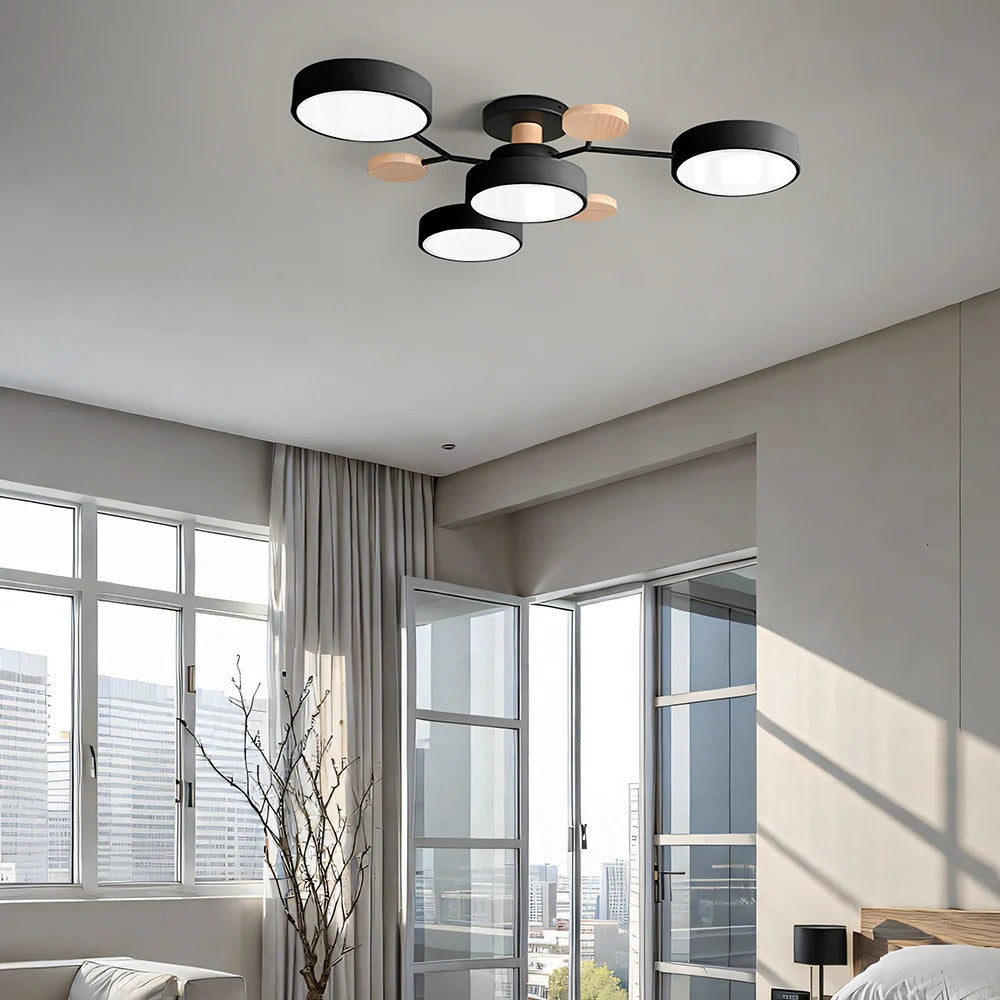 Modern LED Semi-Flush Mount Ceiling Light Fixture – Round Ceiling Light with Wood Accents