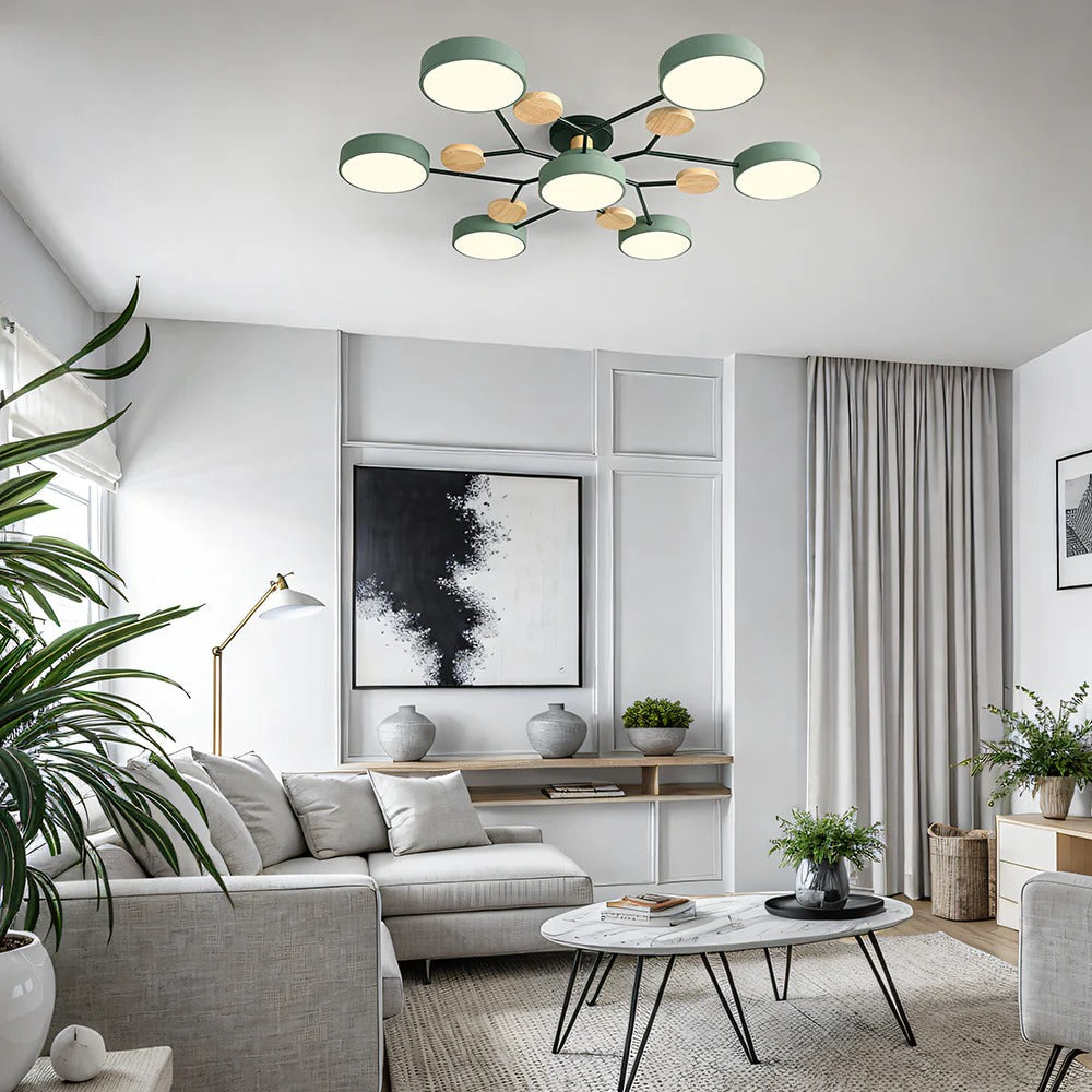 Modern LED Semi-Flush Mount Ceiling Light Fixture – Round Ceiling Light with Wood Accents