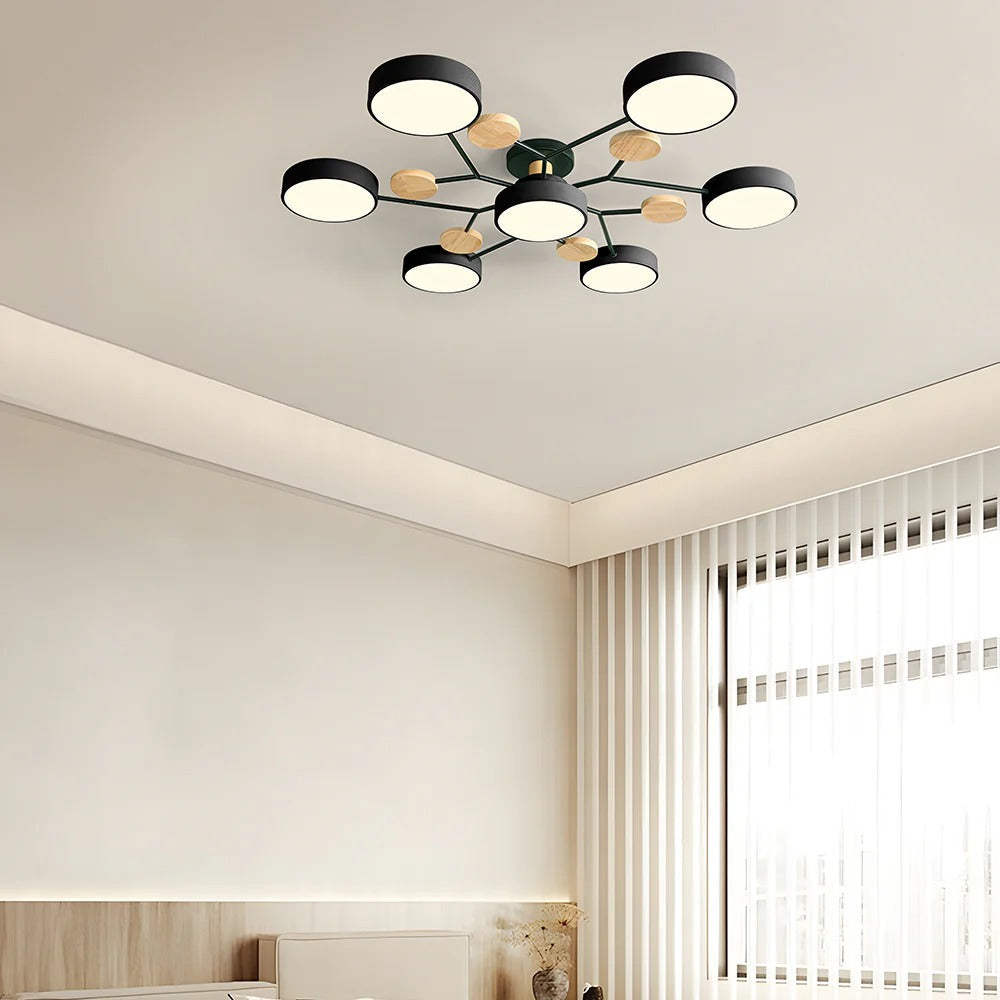 Modern LED Semi-Flush Mount Ceiling Light Fixture – Round Ceiling Light with Wood Accents