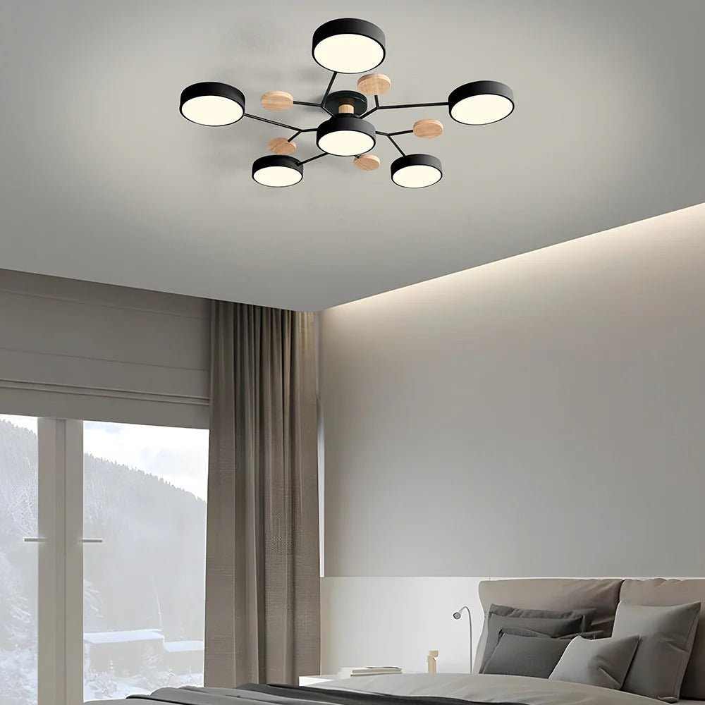 Modern LED Semi-Flush Mount Ceiling Light Fixture – Round Ceiling Light with Wood Accents