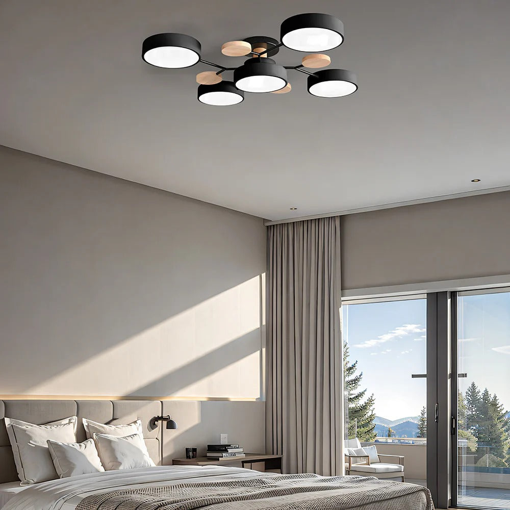 Modern LED Semi-Flush Mount Ceiling Light Fixture – Round Ceiling Light with Wood Accents