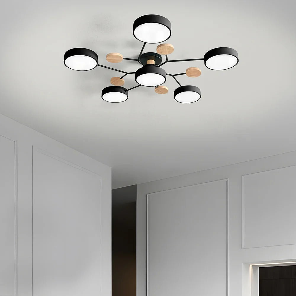 Modern LED Semi-Flush Mount Ceiling Light Fixture – Round Ceiling Light with Wood Accents