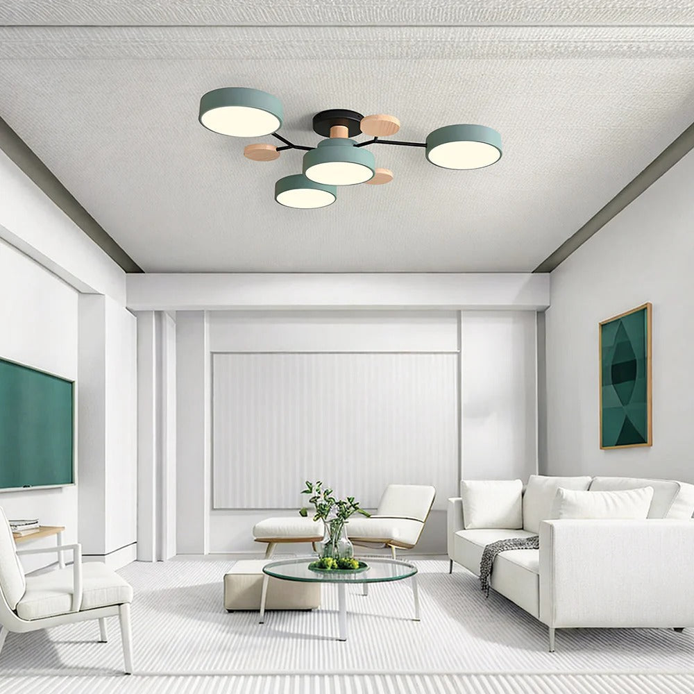 Modern LED Semi-Flush Mount Ceiling Light Fixture – Round Ceiling Light with Wood Accents
