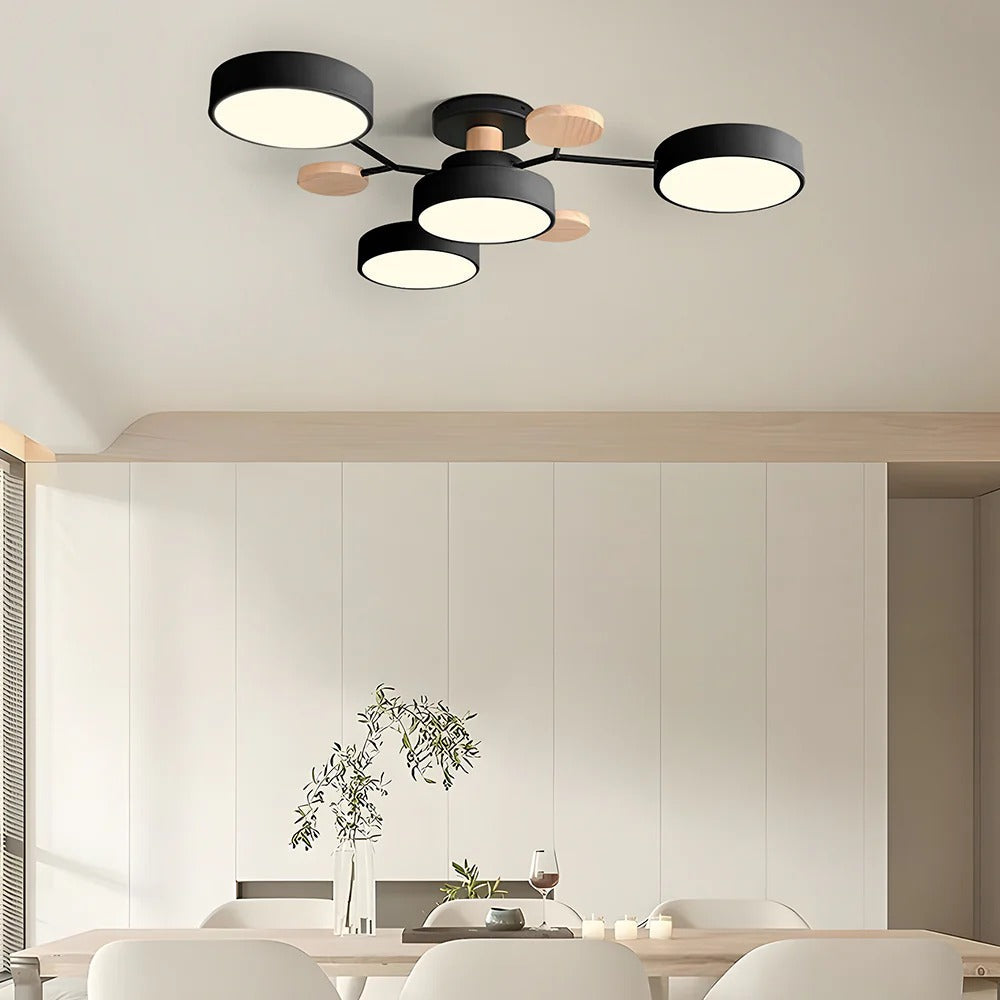 Modern LED Semi-Flush Mount Ceiling Light Fixture – Round Ceiling Light with Wood Accents
