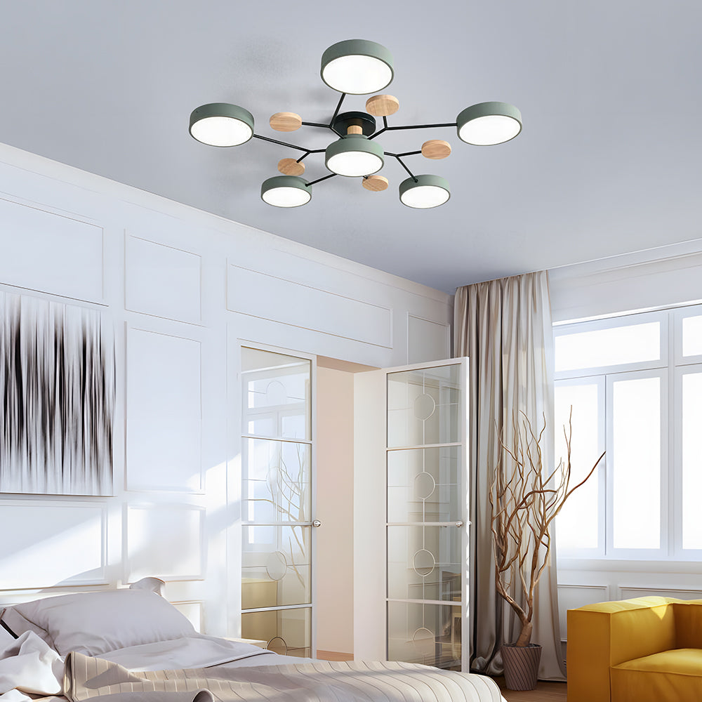 Modern LED Ceiling Light Fixture – Black Round Ceiling Light with Wood Accents