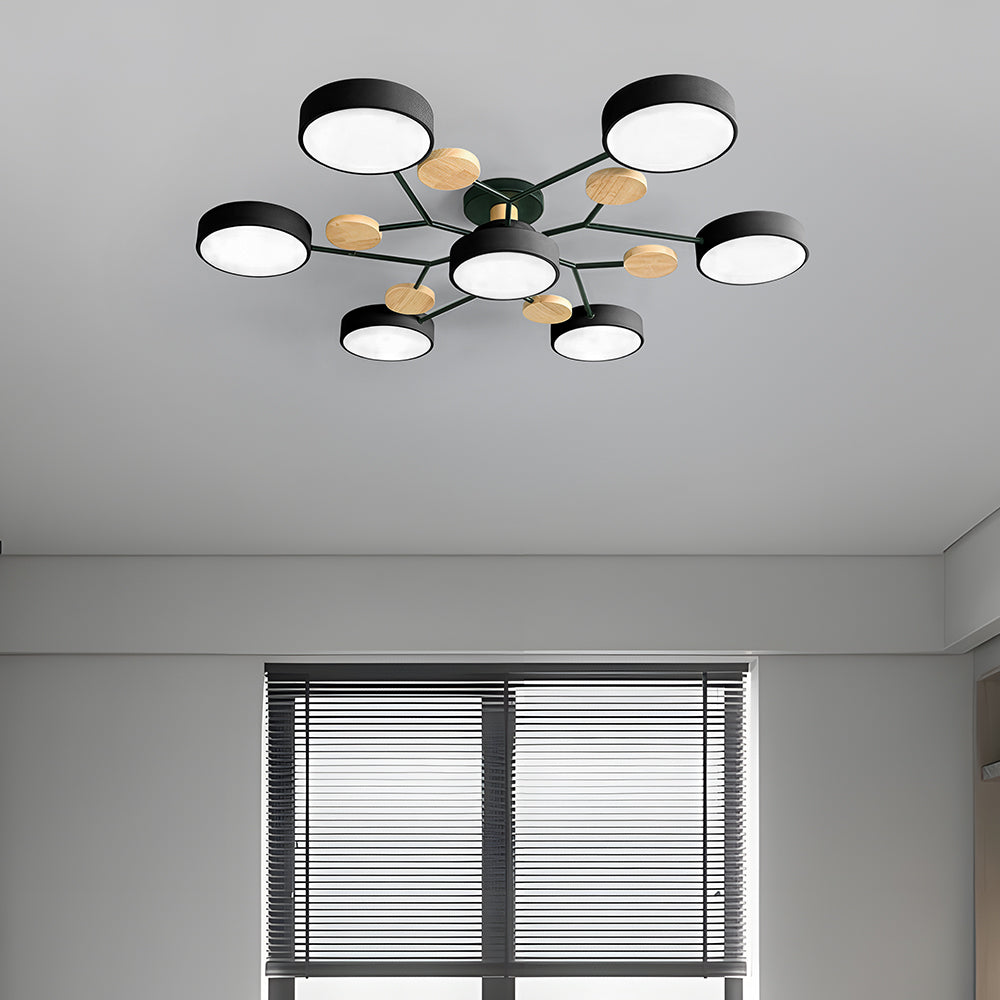 Modern LED Ceiling Light Fixture – Black Round Ceiling Light with Wood Accents