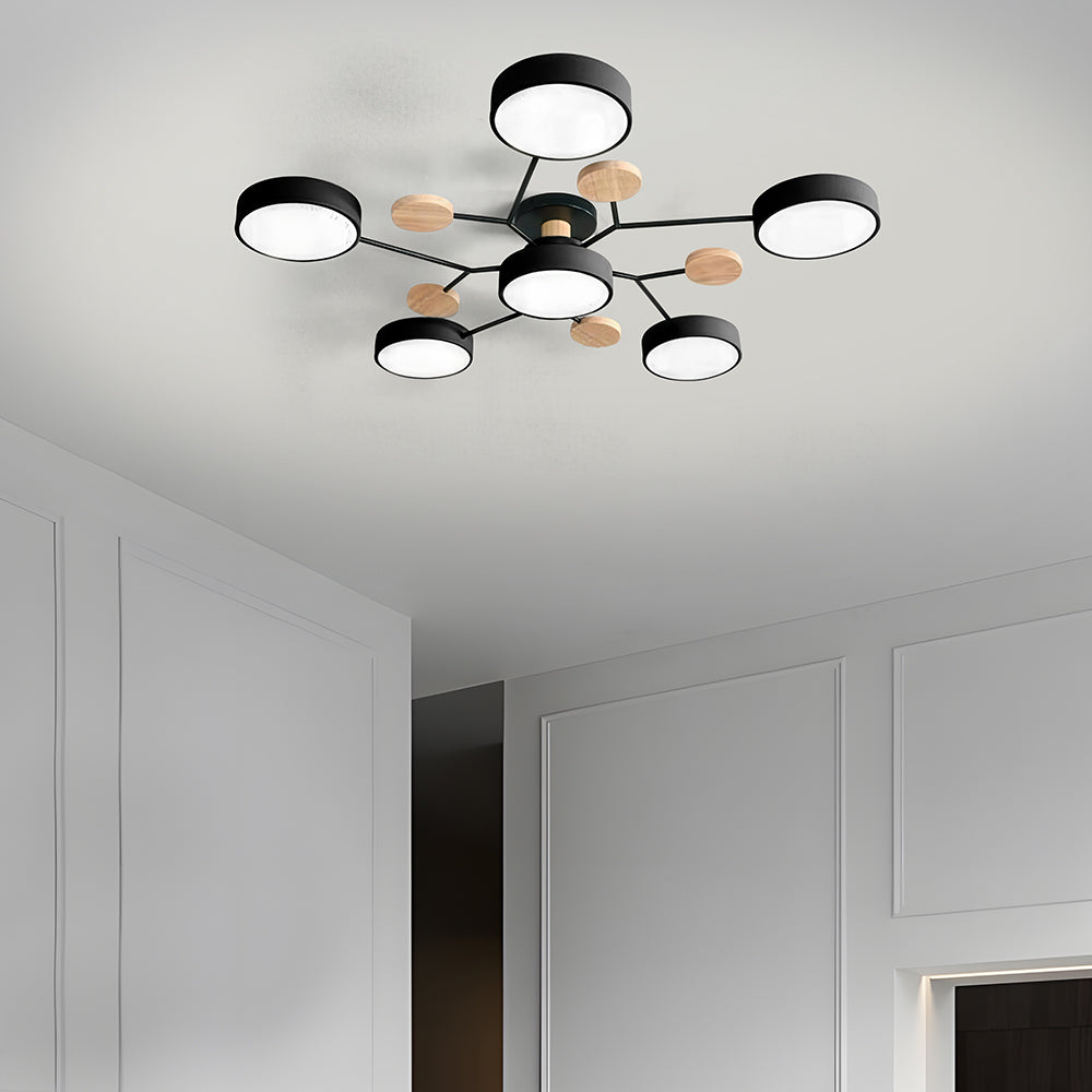 Modern LED Ceiling Light Fixture – Black Round Ceiling Light with Wood Accents