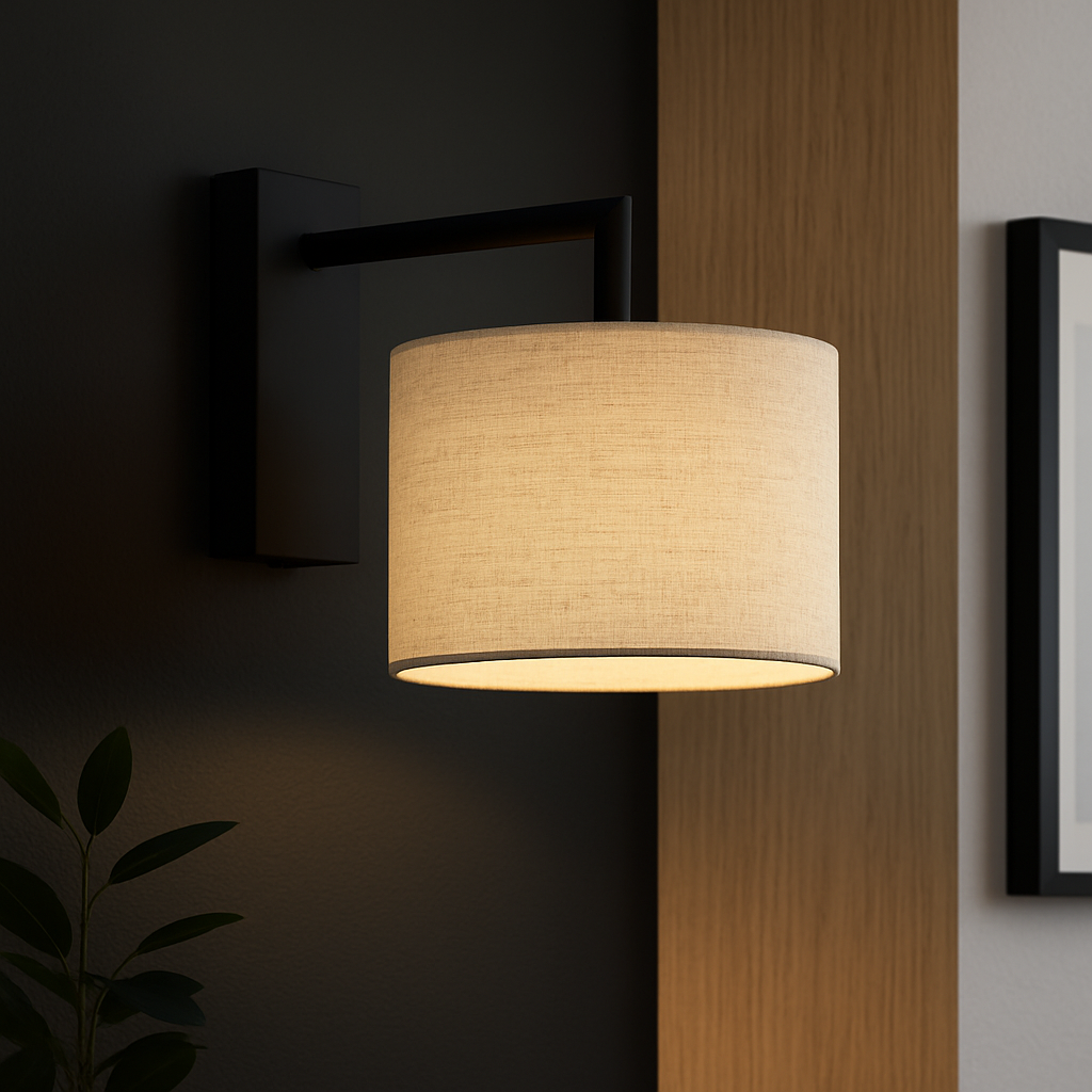 Black Wall Sconce Light Fixture – Modern Fabric Shade Bedside Wall Lamp