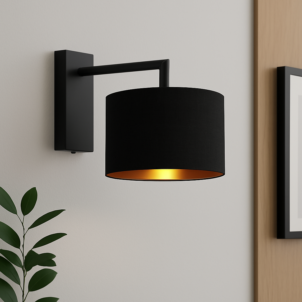 Black Wall Sconce Light Fixture – Modern Fabric Shade Bedside Wall Lamp