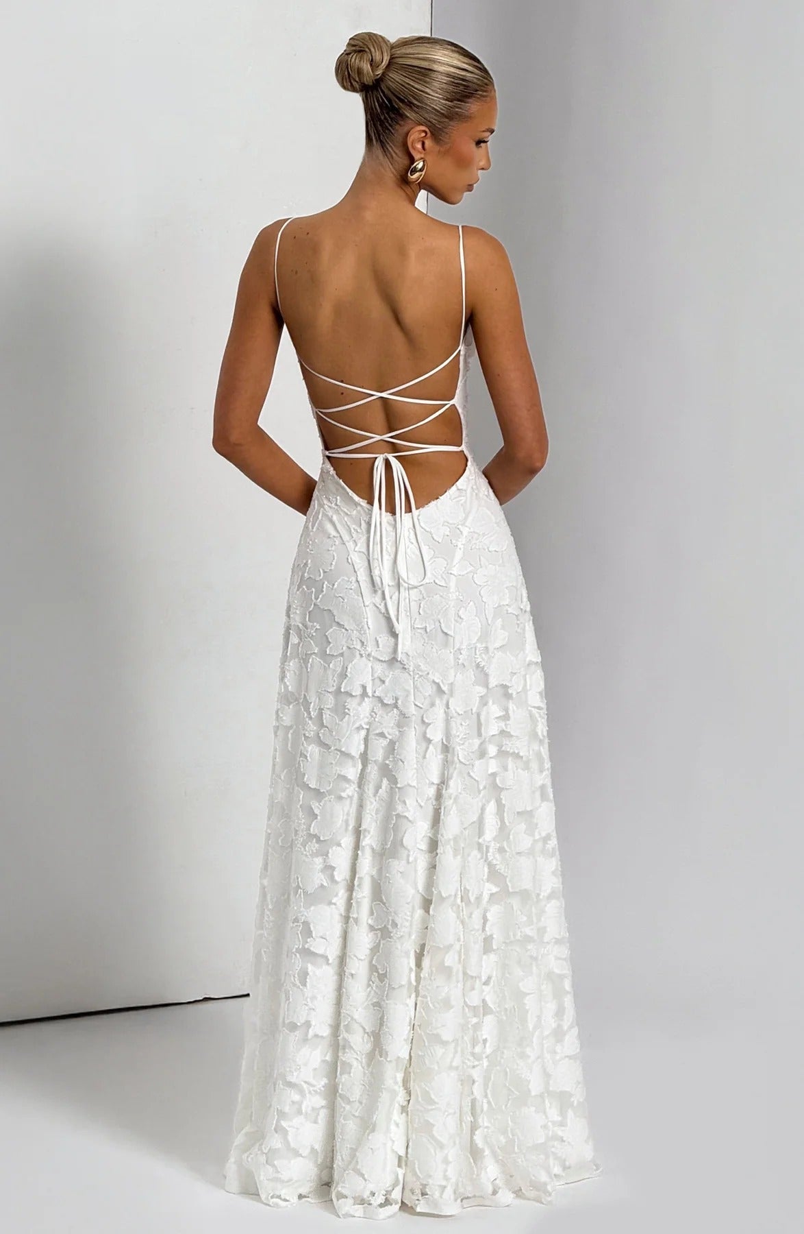 Floral-Applique Strappy Corset Fit-and-Flare Maxi Wedding Guest Dress