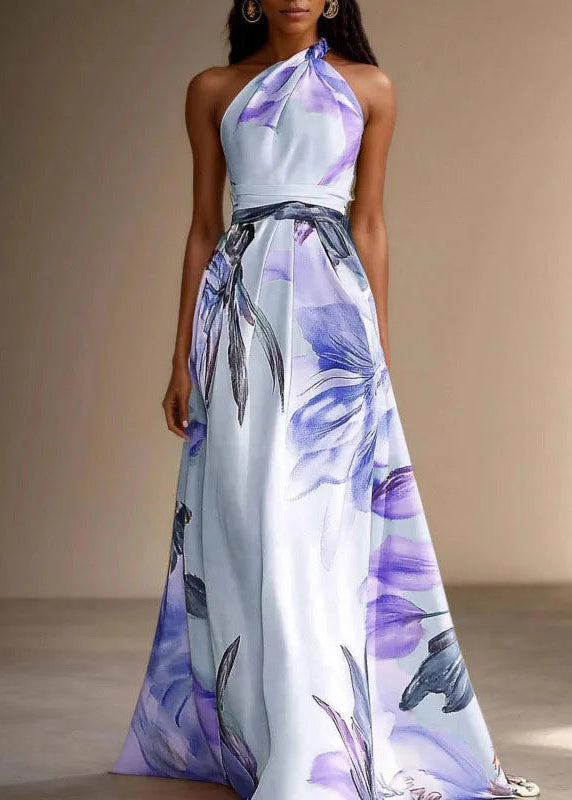Floral Halter Tie-Neck A-Line Maxi Wedding Guest Dress