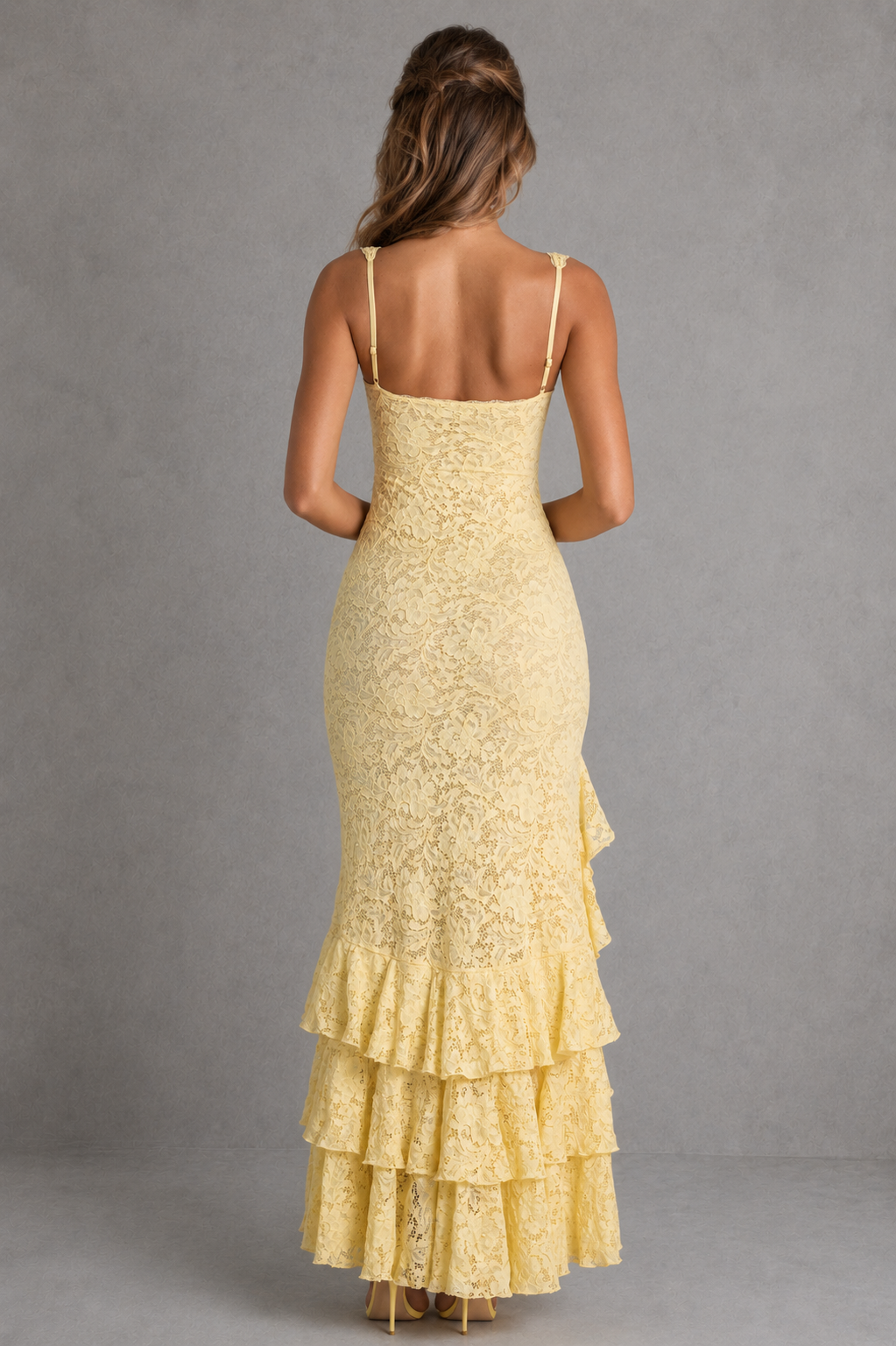 Lace Square-Neck Tiered-Ruffle High-Slit Maxi Wedding Guest Dress