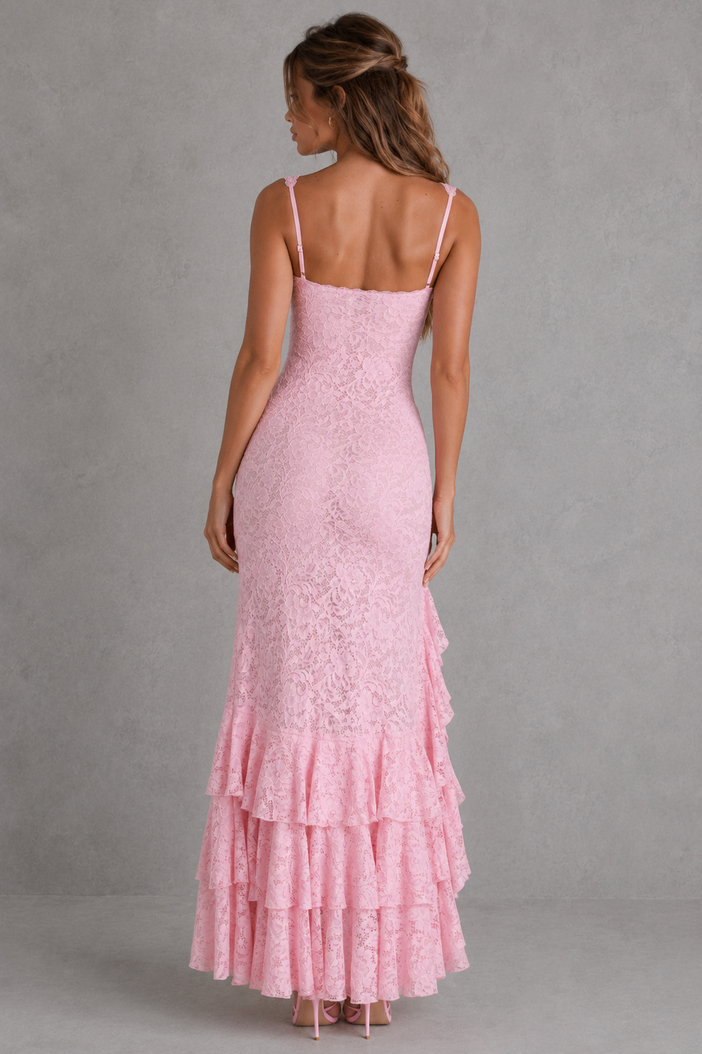 Lace Square-Neck Tiered-Ruffle High-Slit Maxi Wedding Guest Dress