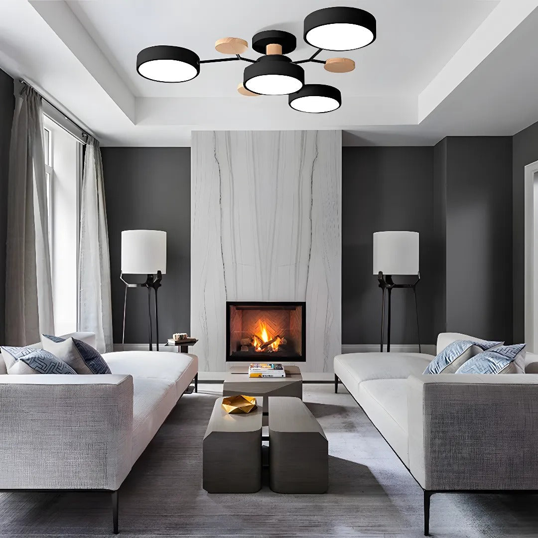Modern LED Semi-Flush Mount Ceiling Light Fixture – Round Ceiling Light with Wood Accents