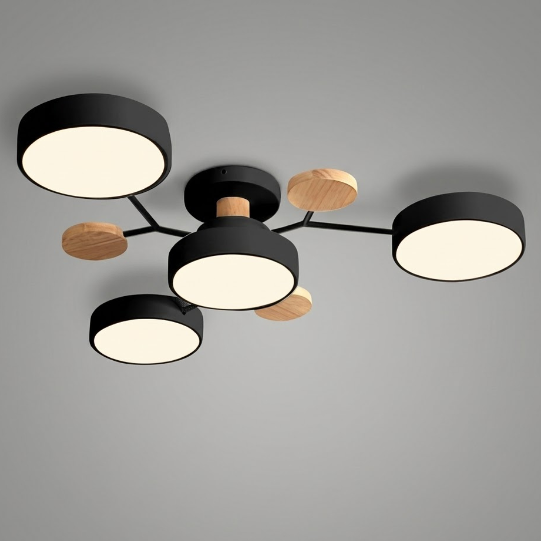 Modern LED Ceiling Light Fixture – Black Round Ceiling Light with Wood Accents
