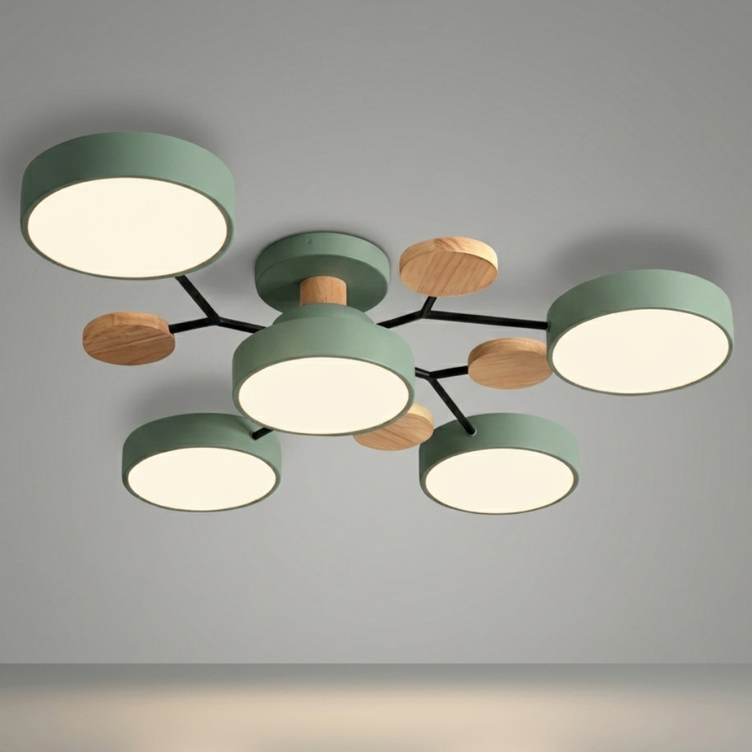 Modern LED Semi-Flush Mount Ceiling Light Fixture – Round Ceiling Light with Wood Accents