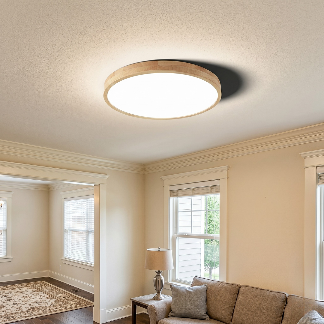 Scandinavian LED Flush Mount Ceiling Light Fixture – Ultra-Thin Solid Wood Round Ceiling Light