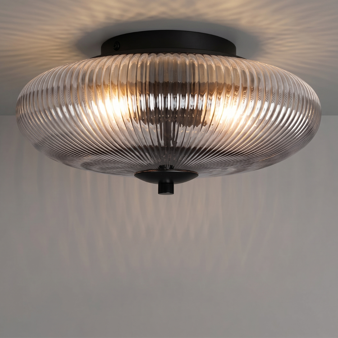 Flush Mount Ceiling Light Fixture – Modern Ribbed Glass Ceiling Light