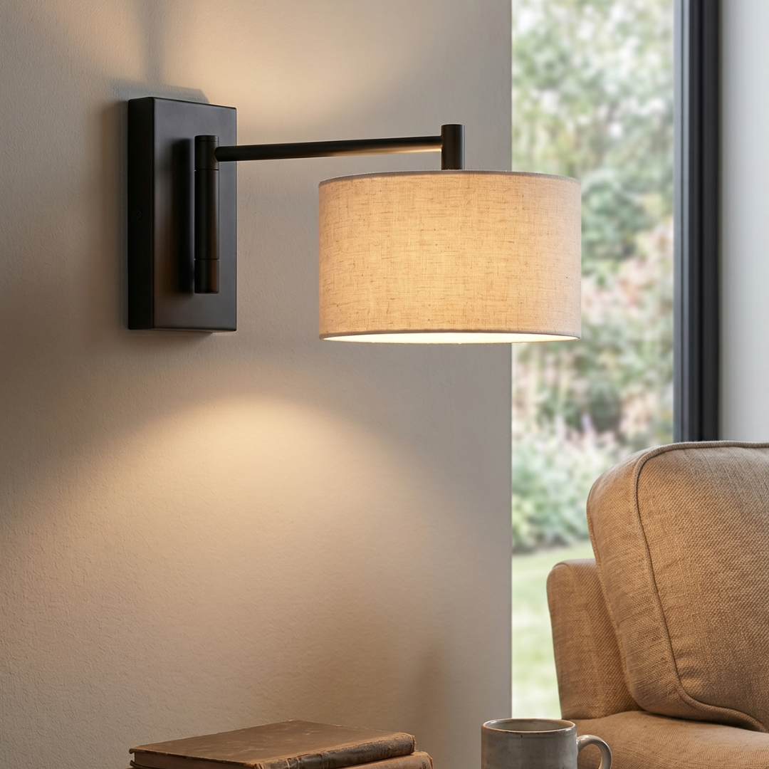 Black Wall Sconce Light Fixture – Modern Fabric Shade Bedside Wall Lamp