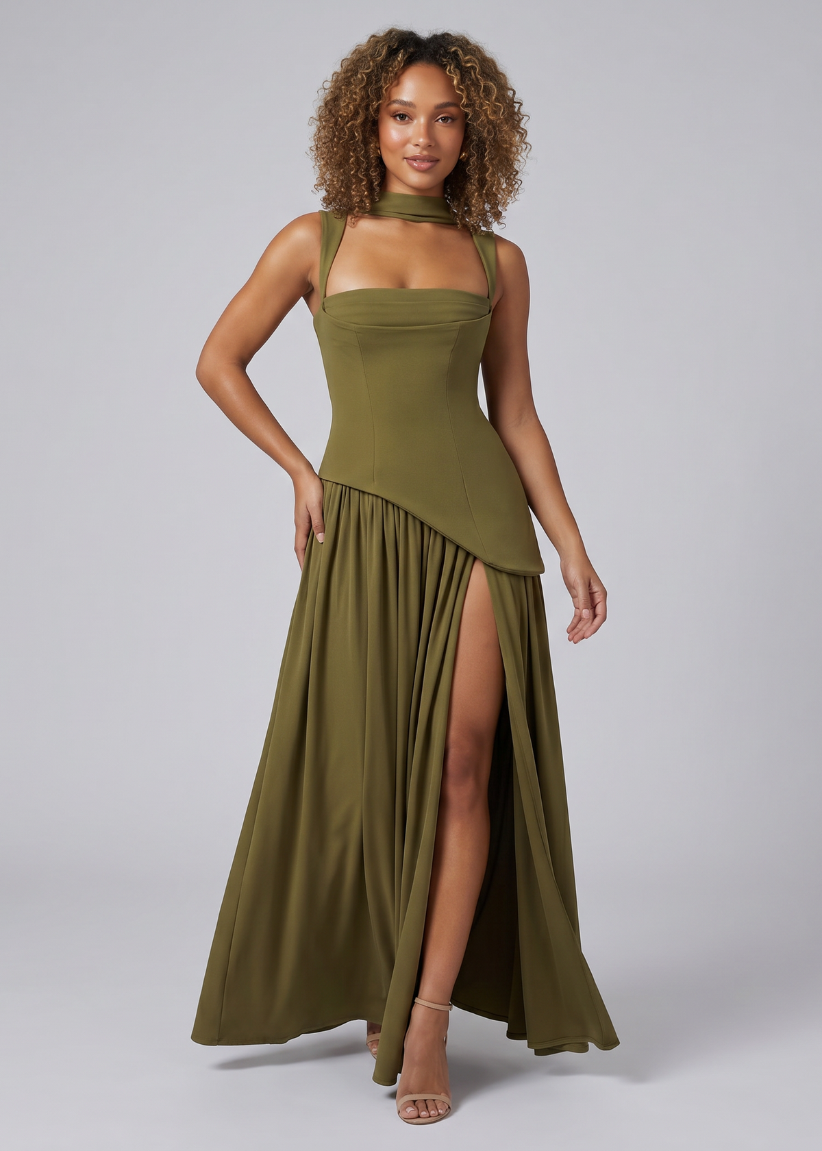 Strapless Choker Wrap High-Slit Maxi Wedding Guest Dress