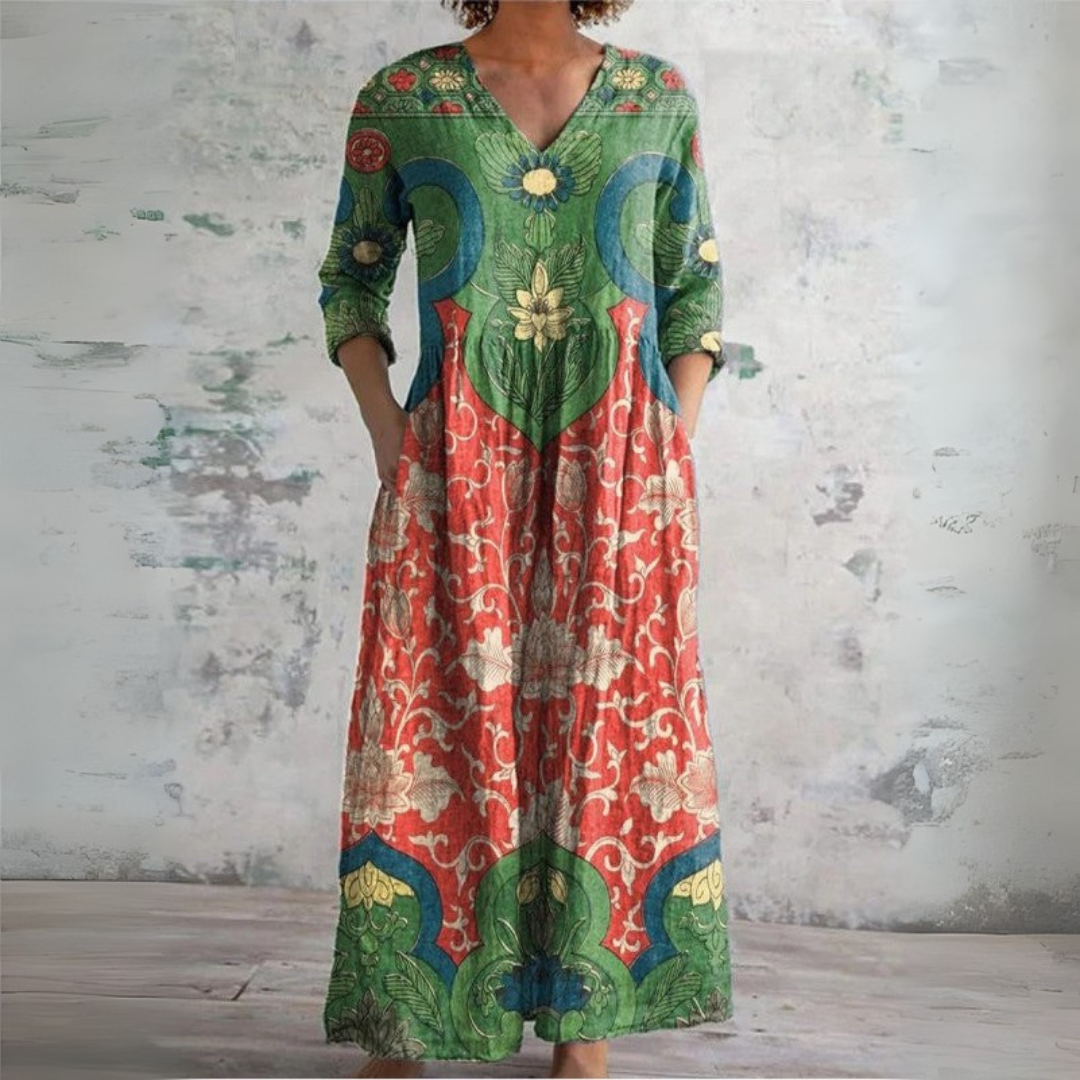 Floral Maxi V-Neck Dress – Elegant Warm-Weather Look