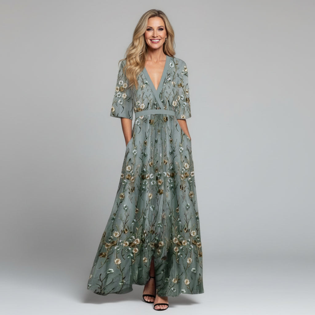 Floral Maxi V-Neckline Dress – Polished Daytime Style