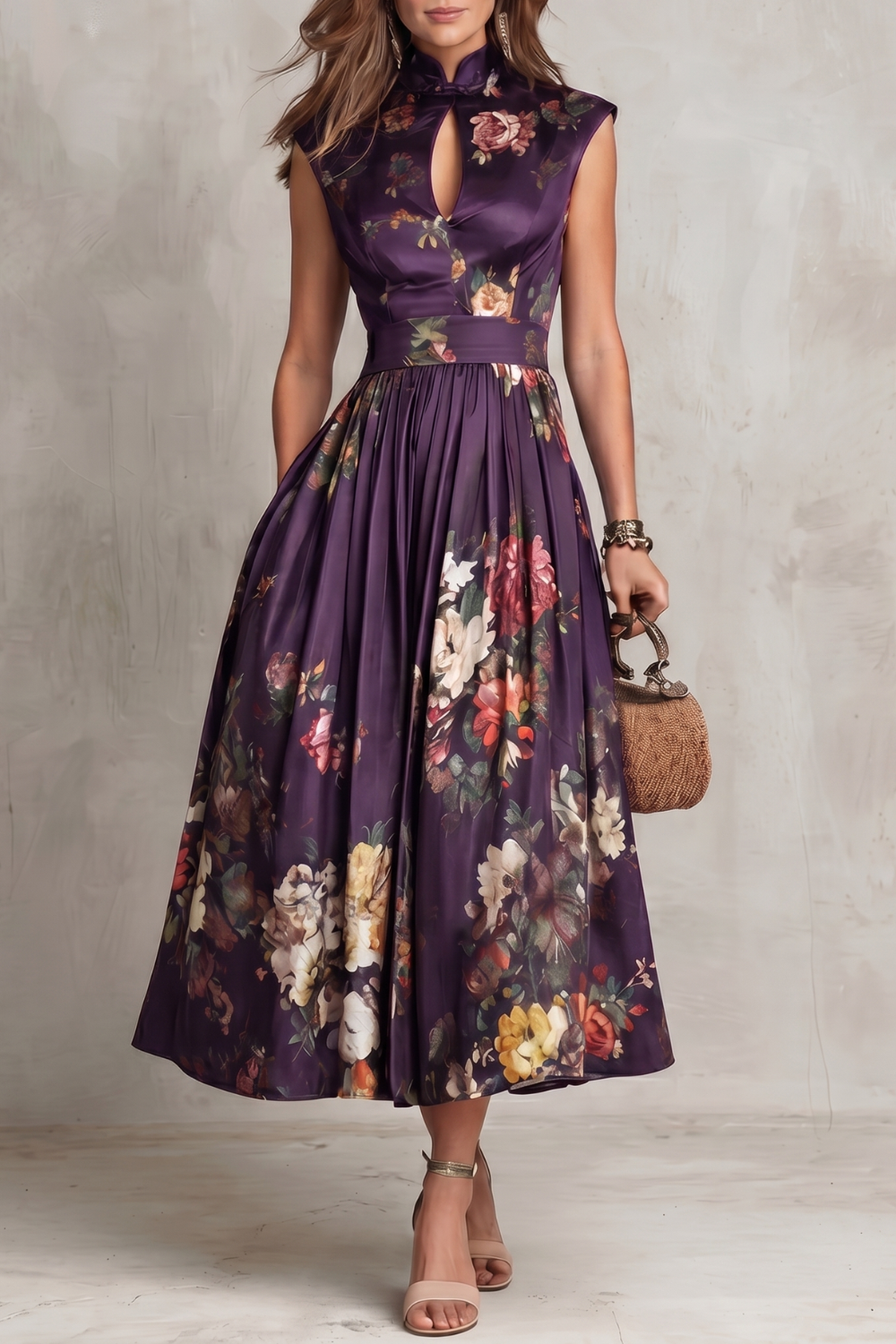 Floral Midi Pleated Dress – Evening-Ready Elegance