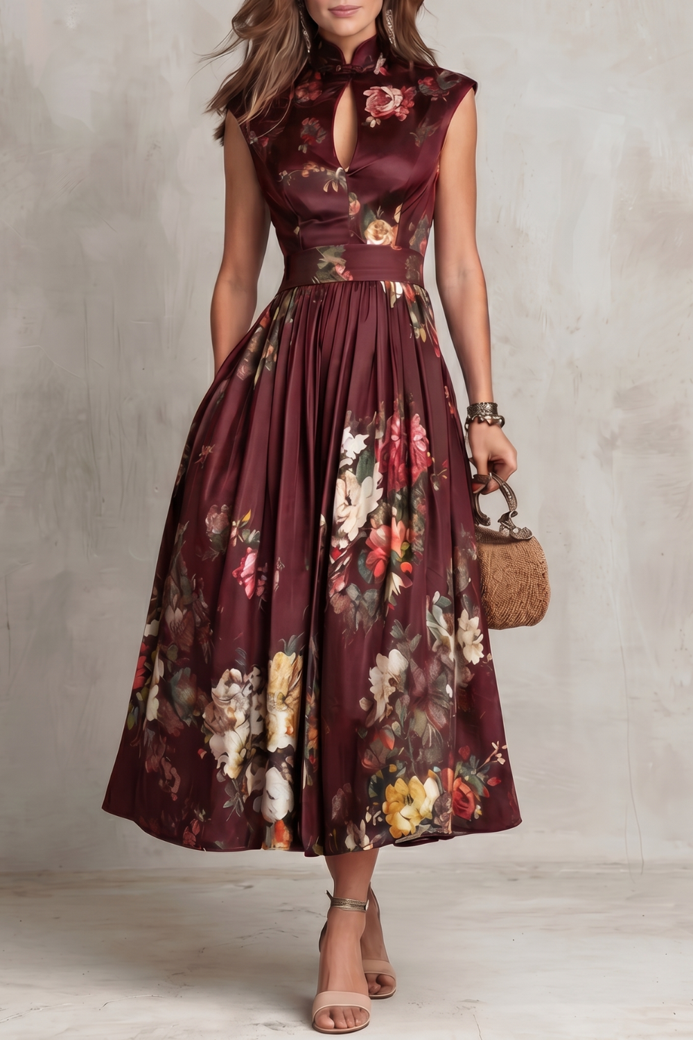 Floral Midi Pleated Dress – Evening-Ready Elegance