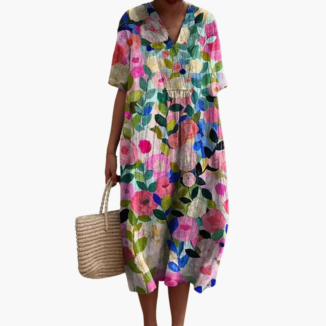 Floral Midi V-Neckline Dress – Relaxed Holiday Look