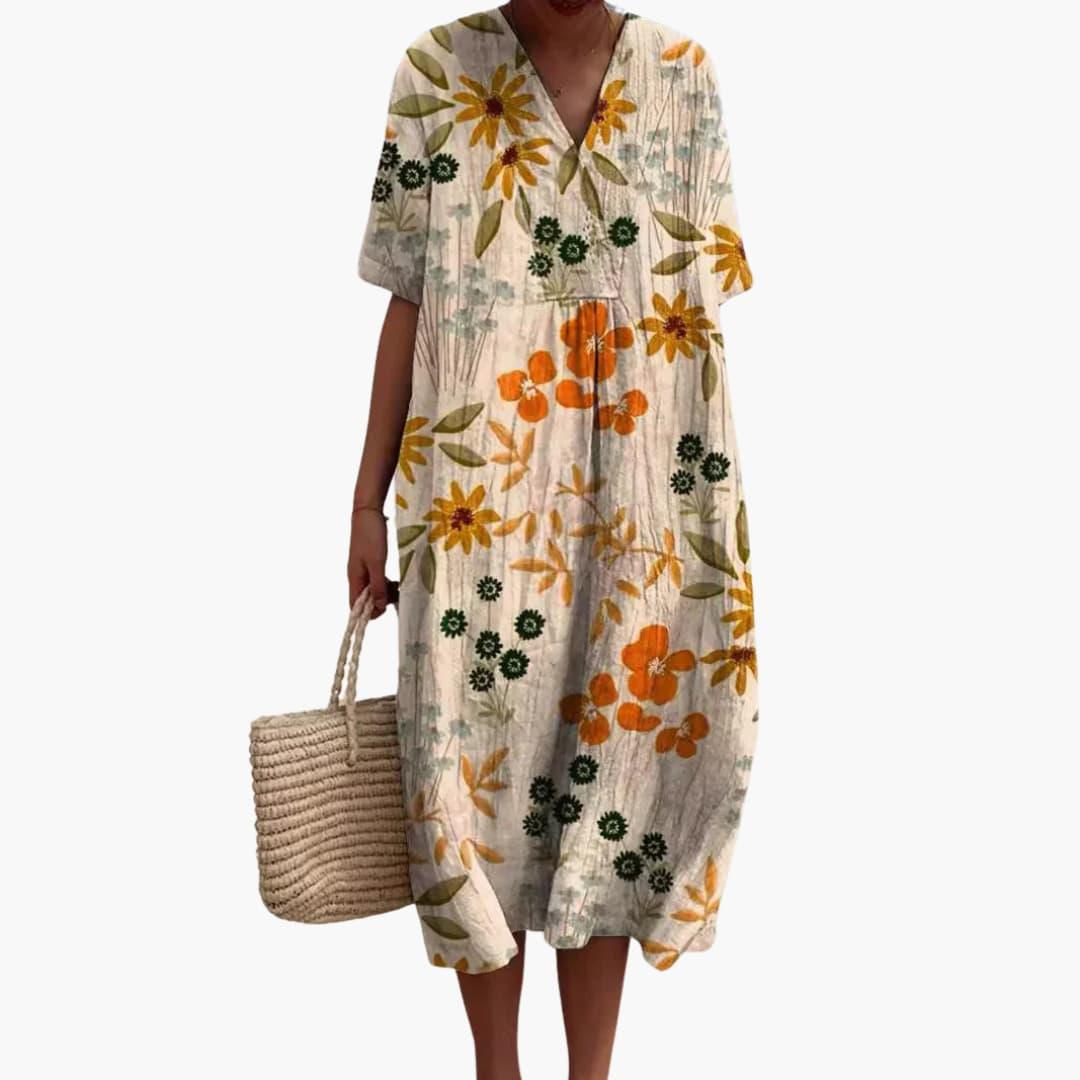Floral Midi V-Neckline Dress – Relaxed Holiday Look