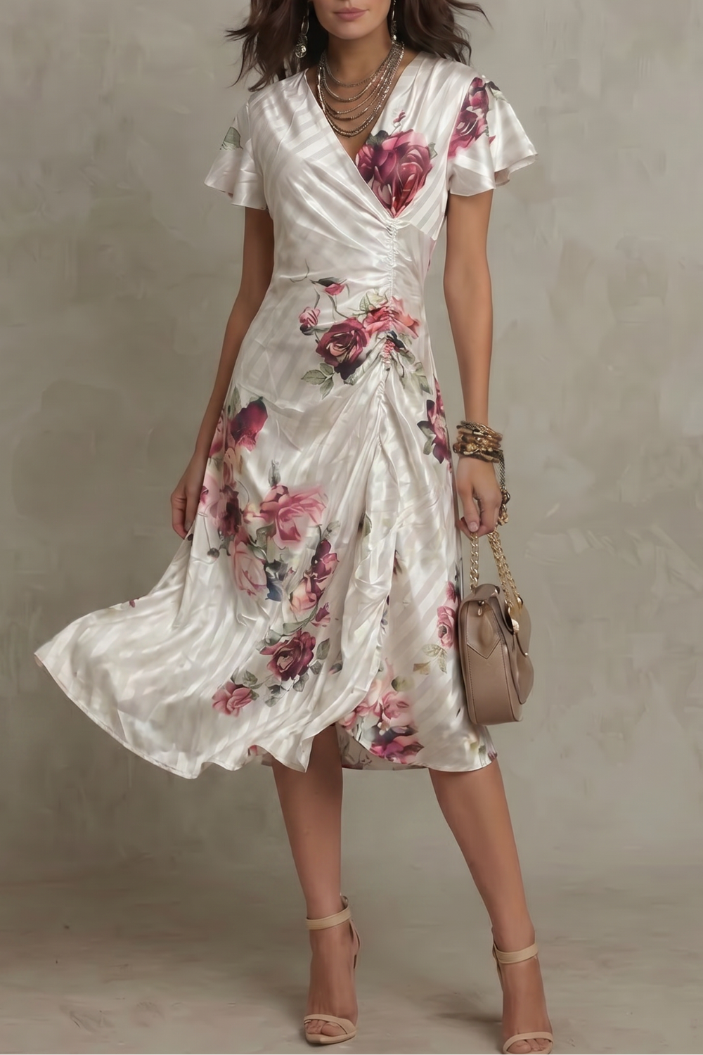 Floral Midi Wrap Dress – Evening-Ready Elegance