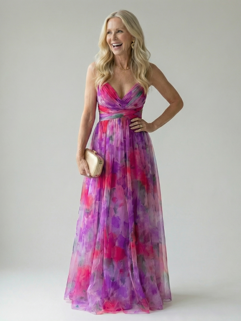Floral V-Neck Maxi Dress – Elegant Wedding Guest Silhouette