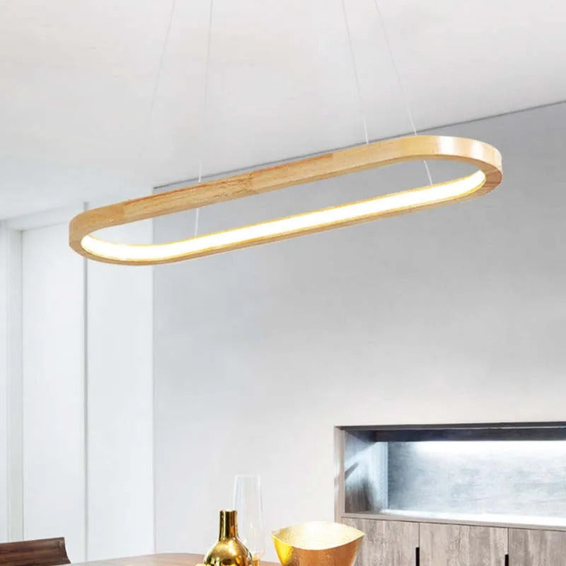 Oval Wood Pendant Light Fixture – Modern Linear LED Kitchen Island Light