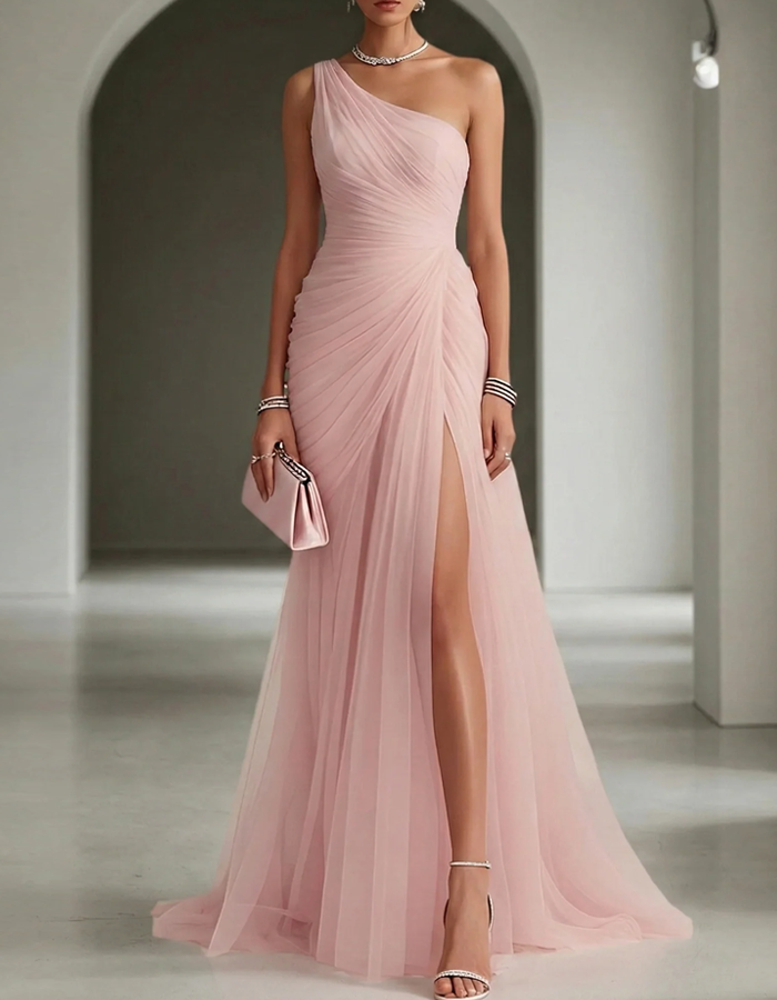 Maxi One-Shoulder Pleated Dress – Evening-Ready Elegance