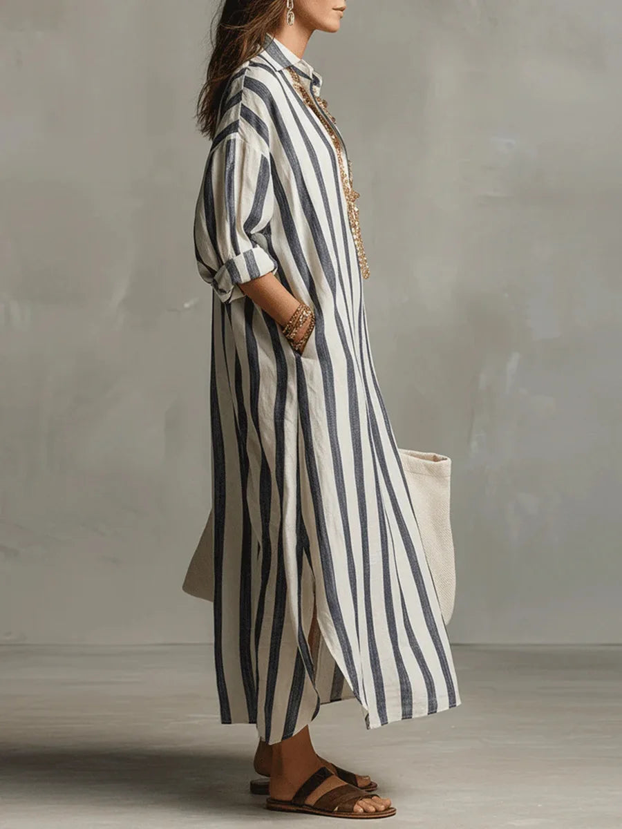 Striped Maxi Collared Dress – Evening-Ready Elegance