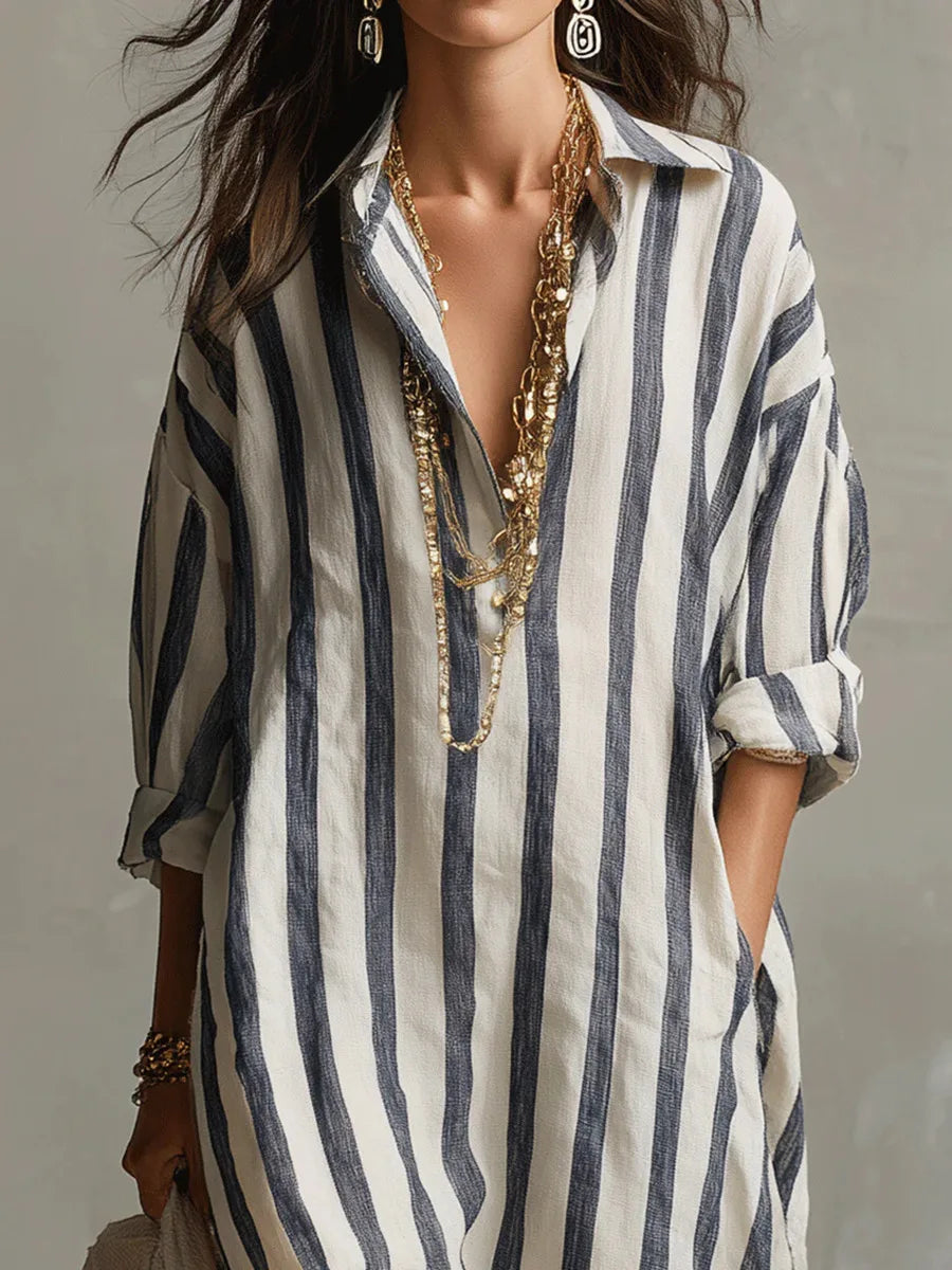 Striped Maxi Collared Dress – Evening-Ready Elegance