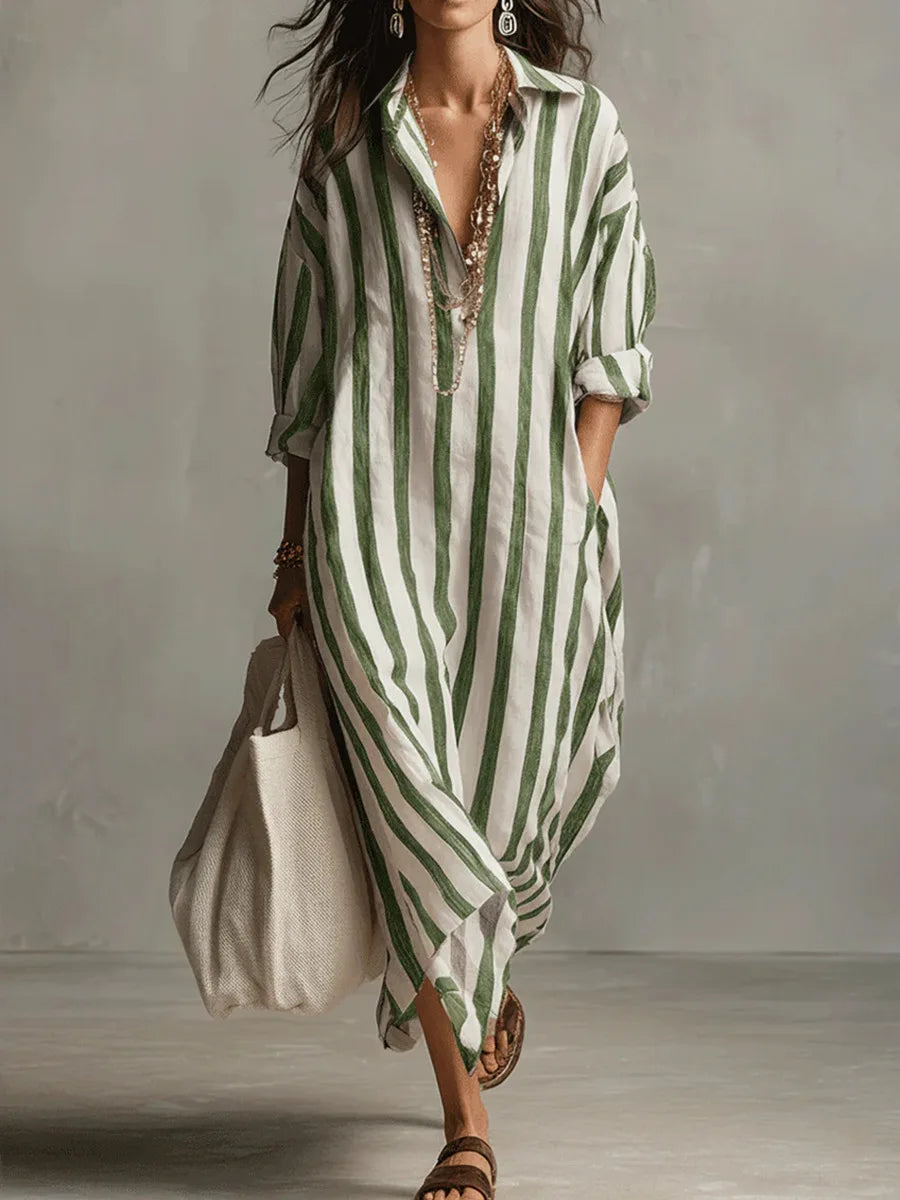 Striped Maxi Collared Dress – Evening-Ready Elegance